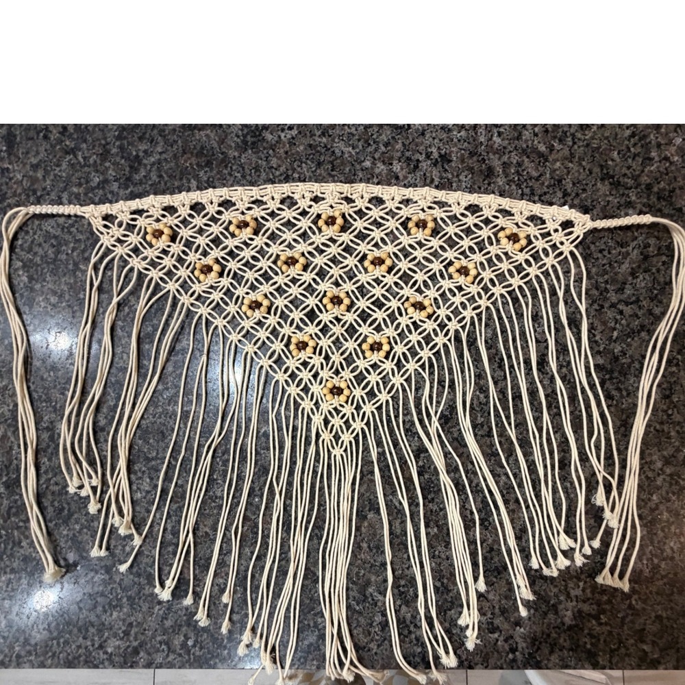 Boho Macrame Fringe Shawl Wooden Bead Cotton Hip Scarf Cream Festival Wrap O/S